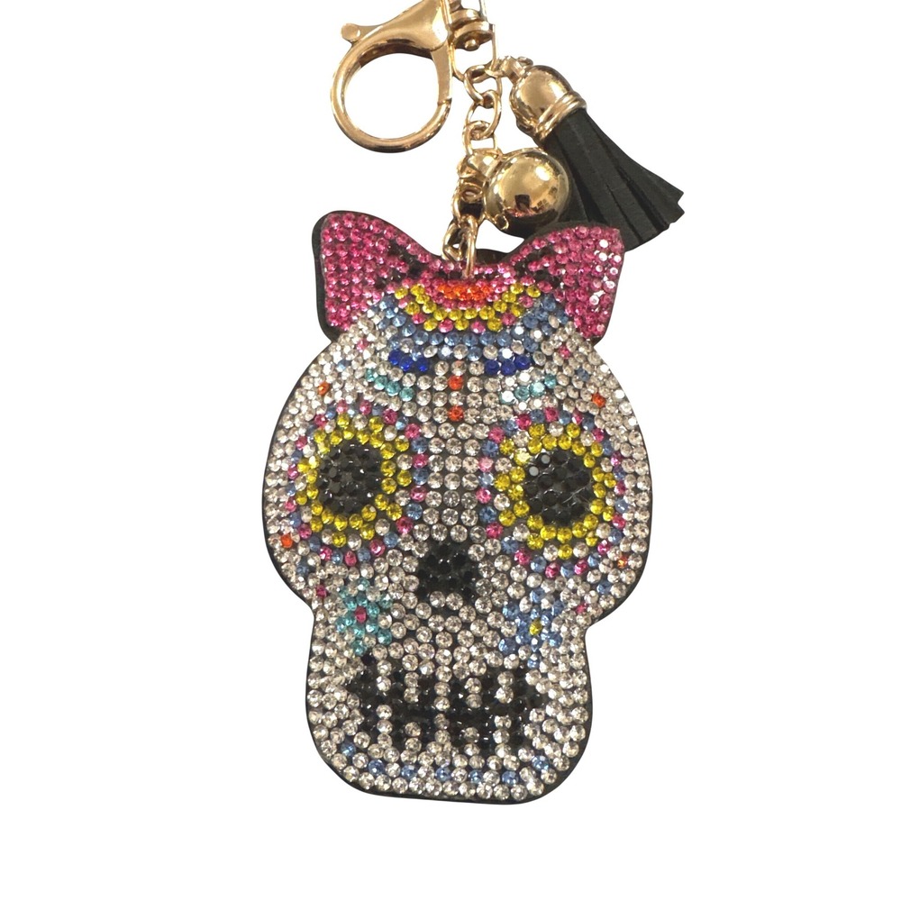 Rhinestone Sugar Skull Keychain Bag Charm Tassel Bell Dia de los Muertos Bow